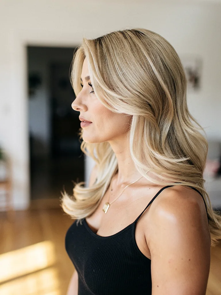 Voluminous Sandy Blonde Medium-Length Wavy Layers
